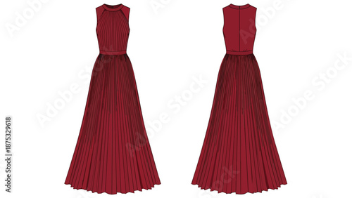 Elegant crimson pleated sleeveless maxi dress showcasing front and back design illustration for fashion concepts.