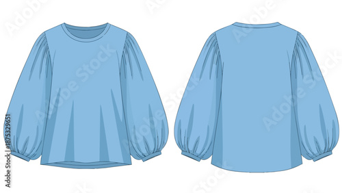 Detailed illustration of a light blue long-sleeved top featuring a classic round neck design and voluminous puff sleeves with elasticized cuffs