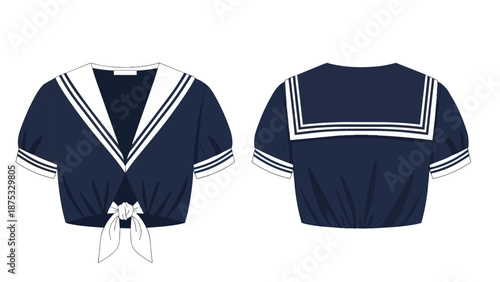 Modern navy blue cropped sailor top with white V-neck collar and front tie-knot detail.