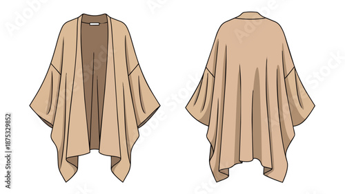 Technical fashion flat illustration of a women's elegant flowing beige draped cardigan garment featuring wide sleeves and an asymmetrical hem for
