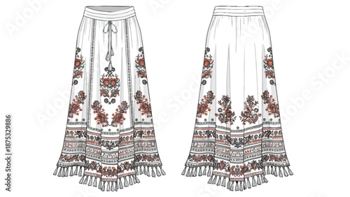 Flat sketch of bohemian maxi skirt with intricate folk patterns decorative tassels and drawstring waist Ideal for apparel design and textile art