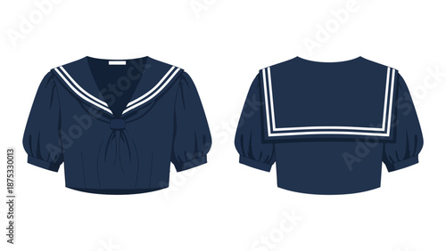 An intricate navy blue sailor-style crop top, showcasing its distinctive front knot and elegant striped back collar design, perfect for fashion