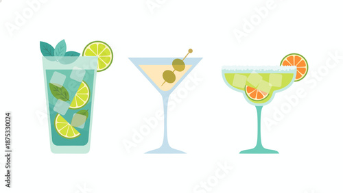 Cocktail and Mocktail Drinks Flat Illustration Set