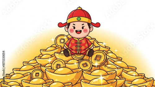 Cute Boy with Gold Ingots and Coins Vector