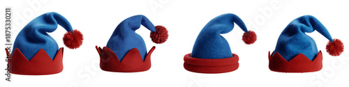 Four blue elf hats with red pom poms isolated on transparent background