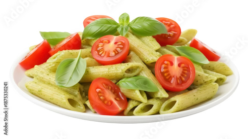 Foto Penne pasta with pesto and cherry tomatoes isolated PNG, Italian cuisine dish on