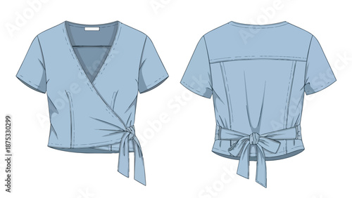 Fashion flat illustration showcasing a light blue women's short sleeve wrap top, featuring a stylish V-neck and decorative front and back tie