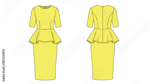 Elegant yellow peplum dress technical drawing showcasing front and back views. This chic womenswear midi design is perfect for fashion pattern