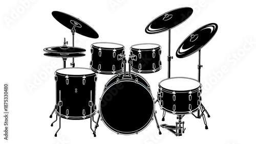 A detailed line drawing of a drum set against a solid silhouette