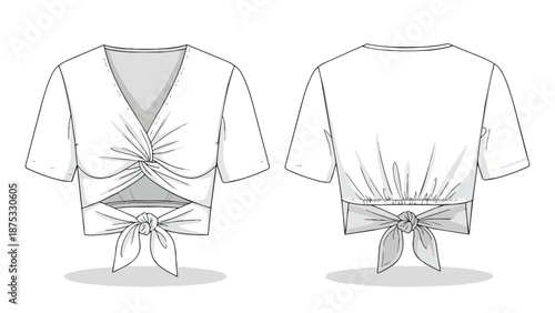 Technical fashion flat sketch illustrating a modern women's crop top featuring a front twist knot and stylish tie closures at the hem, presented