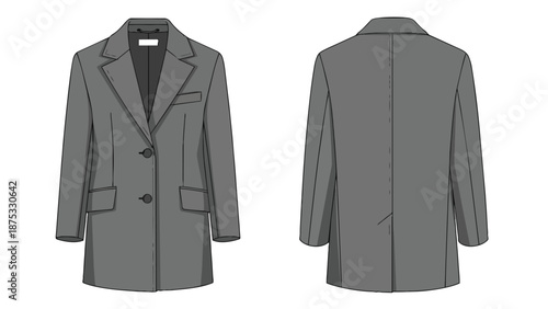 Detailed technical fashion flat sketch showcasing the front and rear views of a sophisticated, modern, gray overcoat design for apparel