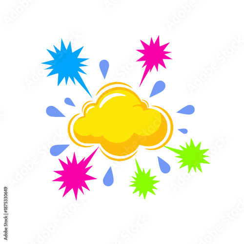 Explosion of color and water drops from a cartoon yellow cloud
