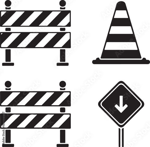 Black and white road construction signs and barriers