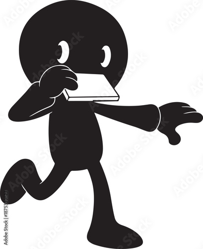 Black cartoon character running with book