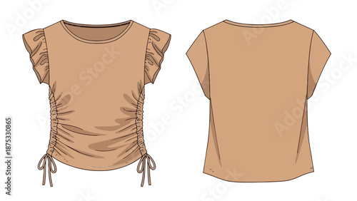 Fashion flat sketch illustrating a contemporary women's short-sleeved top with delicate ruffled shoulders and adjustable side ruching details
