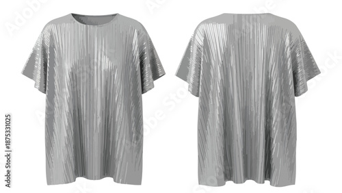 Sleek silver pleated short-sleeve top, front and back view, elegant textile design, modern fashion apparel on white background, comfortable casual