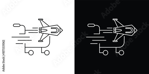This silhouette icon illustrates a shopping cart combined with a horizontally positioned rocket, emphasizing extreme speed, instant movement, and efficiency in the shopping or checkout process
