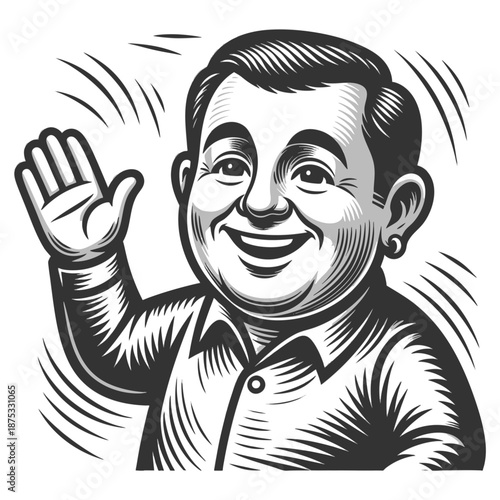 cheerful man waving, perfect for retro ads, greetings, or classic pop culture themes sketch engraving generative ai fictional character vector illustration. Scratch board imitation. Black and white.