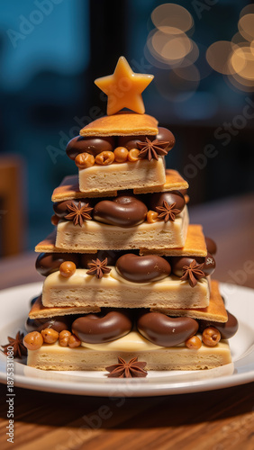 Delicious chocolate dessert tower with layers of cookies, caramel, and decorative star. Perfect for festive celebrations and sweet indulgence