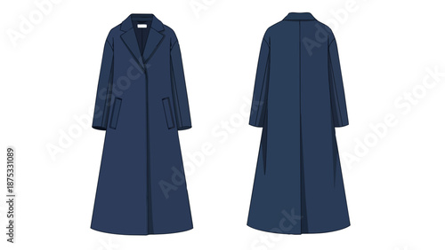 Detailed flat sketch illustration of a classic long dark blue overcoat for fashion design and apparel production templates showing accurate front