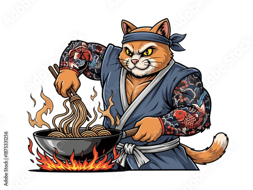 A cartoon cat dressed as a martial artist cooking in a wok over an open flame