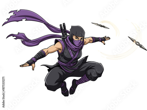 A masked ninja in mid-air, throwing shuriken with a dynamic and fluid motion, surrounded by a sense of stealth and agility