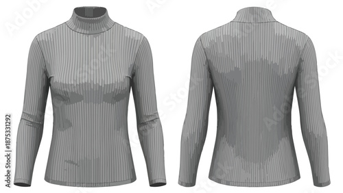 Heather Grey Ribbed Turtleneck Long Sleeve Top Front and Back Vector Views for Fashion Design