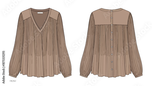 Detailed technical flat sketch of a women's sophisticated long-sleeve pleated blouse featuring a stylish V-neck front and elegant button-back closure