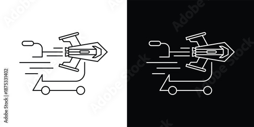 This silhouette icon illustrates a shopping cart combined with a horizontally positioned rocket, emphasizing extreme speed, instant movement, and efficiency in the shopping or checkout process