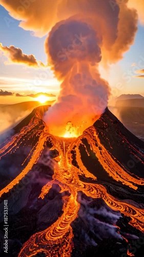 Dramatic aerial view of active volcano spewing lava and smoke during sunset, with lava flow down the mountain slopes