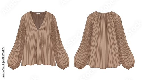 Contemporary women's pleated V-neck blouse fashion flat with elegant balloon sleeves and sophisticated gathering details displayed front and back
