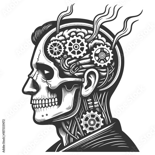 cyborg skull with gears in the brain, merging human anatomy and steampunk machinery sketch engraving generative ai fictional character vector illustration. Scratch board imitation. Black and white.