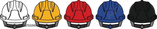 Colored hard hats in a row safety helmet construction hat
