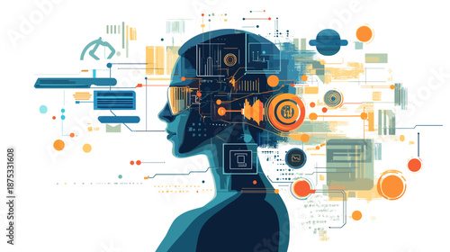 Human Head with Digital Circuitry Inside.