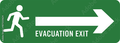Green evacuation exit sign with running man and arrow