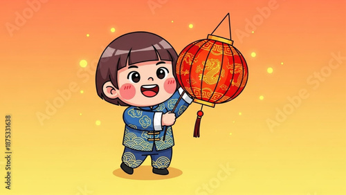 Cute Girl Holding Dragon Chinese Lantern