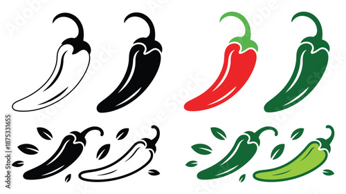 Chili Pepper Vector Set in Red, Green, and Black Colors, Including Hot Pepper Symbols, Spicy Food Icons, Mexican Culinary Elements, Restaurant Menu Illustrations
