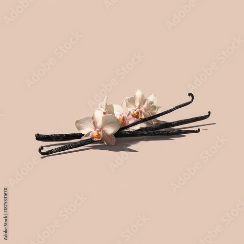 Vanilla Beans And Orchids On Light Beige Background