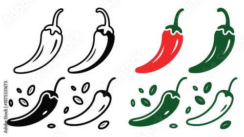 Set of Chili Pepper Vector Illustrations in Black, Red, and Green, Featuring Spicy Food Symbols, Hot Pepper Icons, Mexican Cuisine Elements, and Culinary Graphics for Web, Apps, UI UX, and Digital 