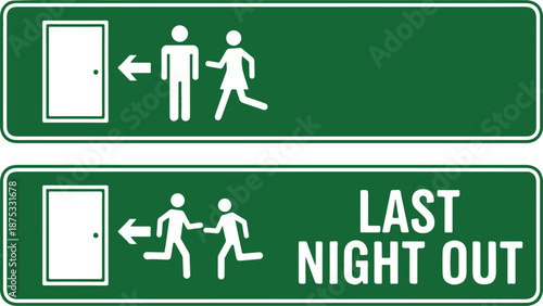 Green exit signs with people running to door green signs