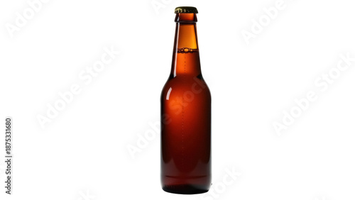 Amber beer bottle isolated PNG on transparent background, alcoholic beverage in brown glass container for brewery and pub use