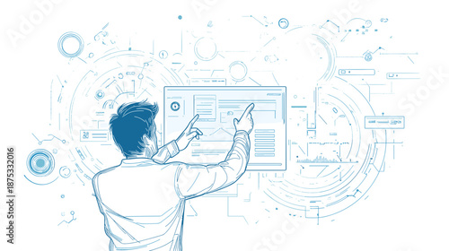 Man Interacting with Digital Interface Illustration.