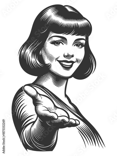 smiling vintage-style woman extending her hand forward, evoking friendliness and invitation sketch engraving generative ai fictional character vector illustration. Scratch board. Black and white image