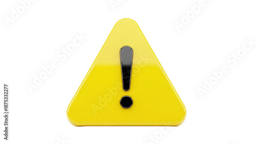 Yellow warning sign PNG isolated on transparent background, attention symbol for safety and caution messages, glossy 3D render