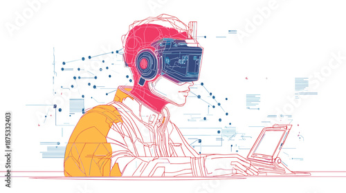 Man Using Virtual Reality Headset and Laptop.