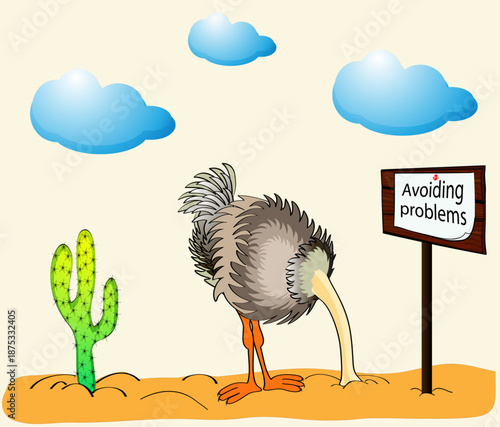 Illustration of an ostrich head in the sand with an inscription on a banner avoiding problems. Cartoon funny.