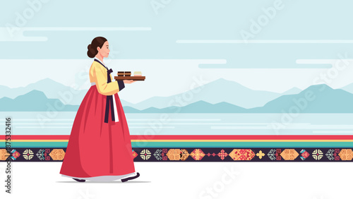 Korean girl in traditional hanbok gracefully carrying a tray of food and tea, perfect for hospitality marketing and cultural culinary showcases