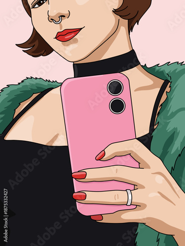 Cropped Vector Illustration Portrait of a Young Woman with Red Lips and Nails Using Pink Smartphone, Smiling, Wearing a Fur Coat Isolated with Copy Space