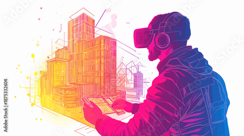 Man wearing virtual reality headset device 1.