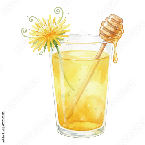 Dandelion Honey Mocktail Watercolor Illustration, Herbal Floral Non Alcoholic Drink, Hand Painted Vector Isolated on White
